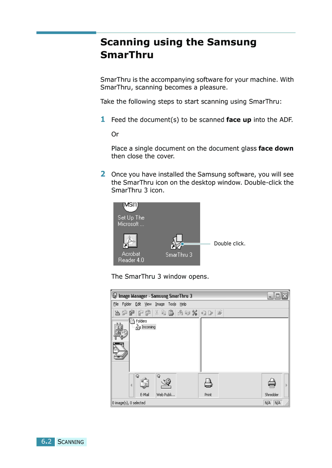 Samsung SCX-5115, SCX-5315F/5115 manual Scanning using the Samsung SmarThru 