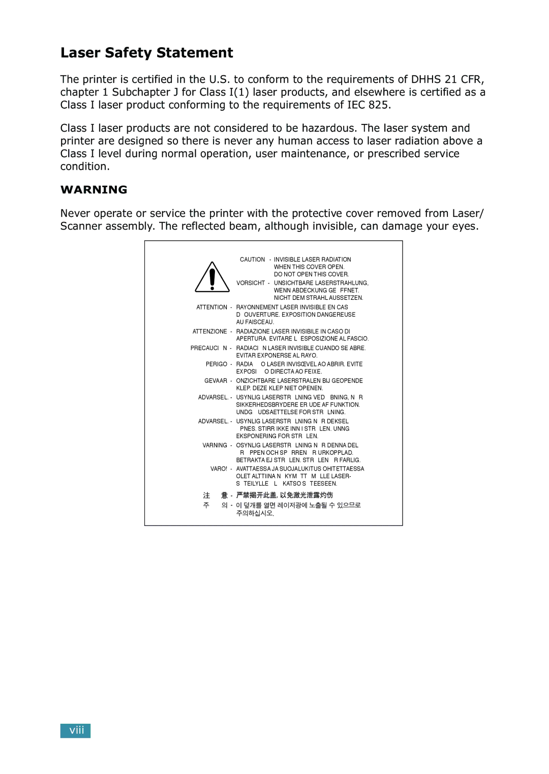 Samsung SCX-5315F/5115, SCX-5115 manual Laser Safety Statement 