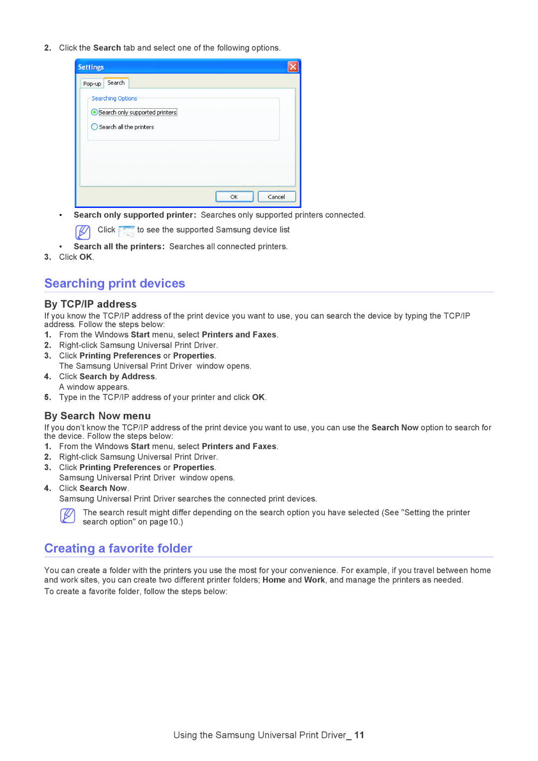 Samsung SCX-5635FN manual Searching print devices, Creating a favorite folder, By TCP/IP address, By Search Now menu 