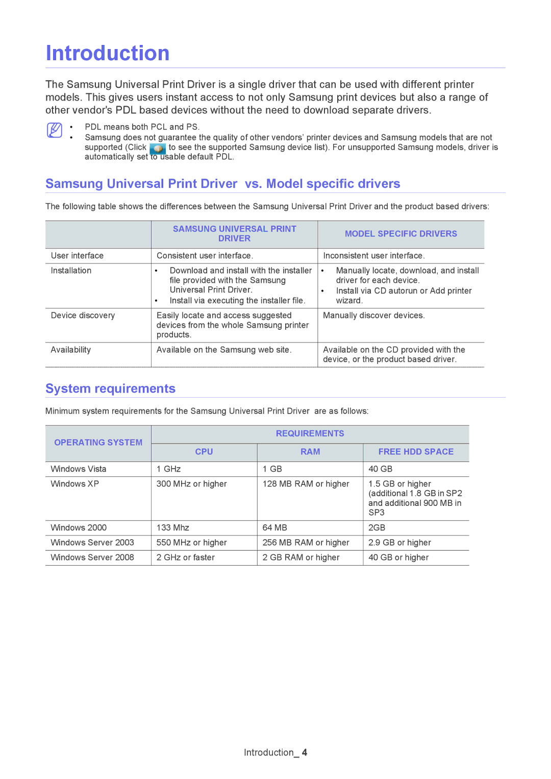 Samsung SCX-5635FN manual Introduction, Samsung Universal Print Driver vs. Model specific drivers, System requirements 