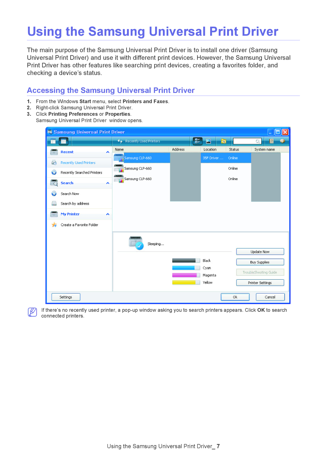 Samsung SCX-5635FN manual Using the Samsung Universal Print Driver, Accessing the Samsung Universal Print Driver 