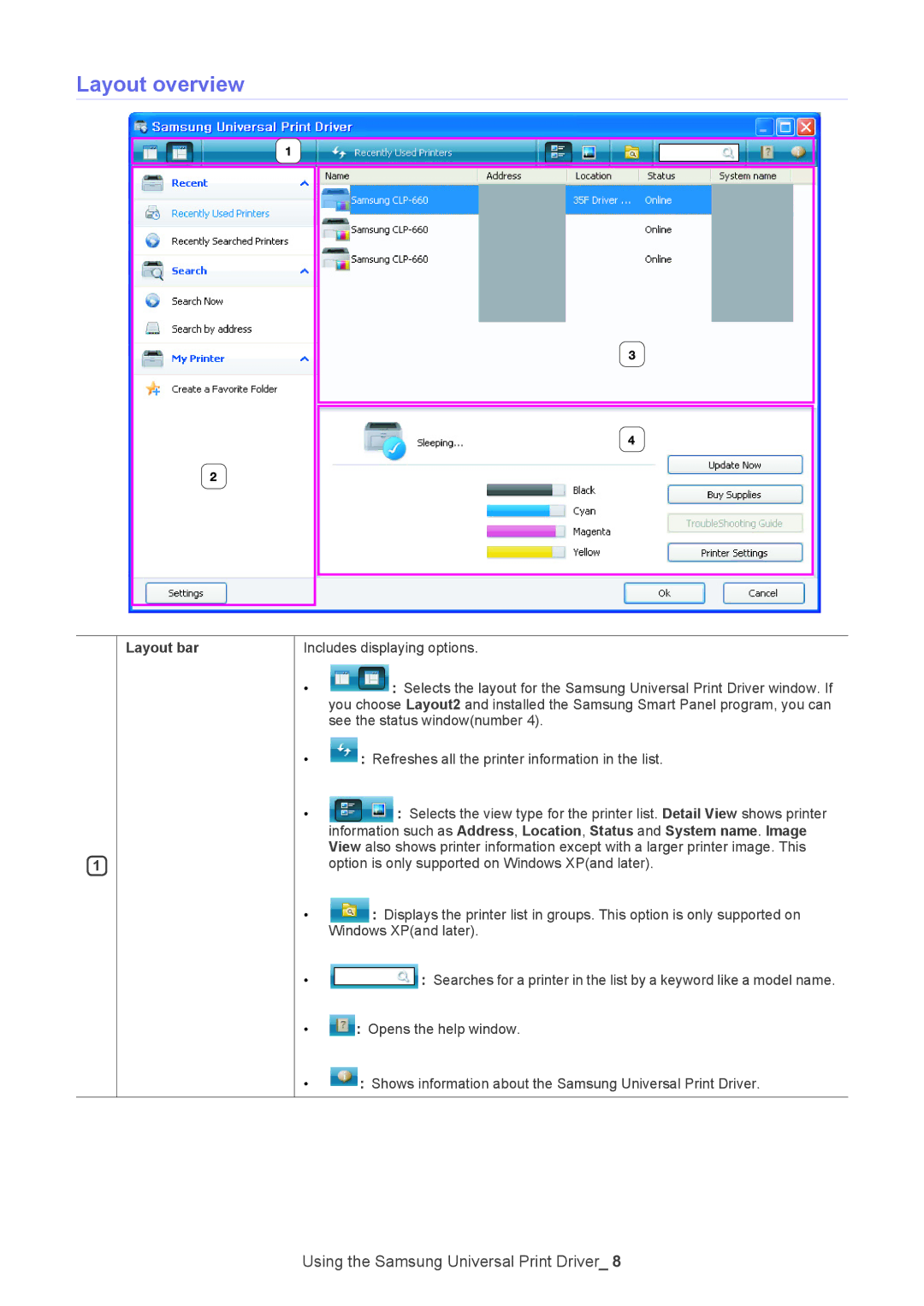 Samsung SCX-5635FN manual Layout overview, Layout bar 