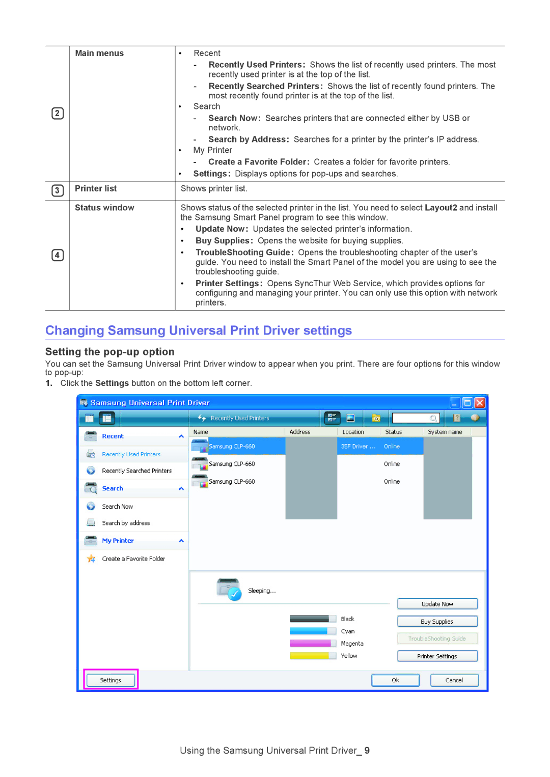 Samsung SCX-5635FN manual Changing Samsung Universal Print Driver settings, Setting the pop-up option 