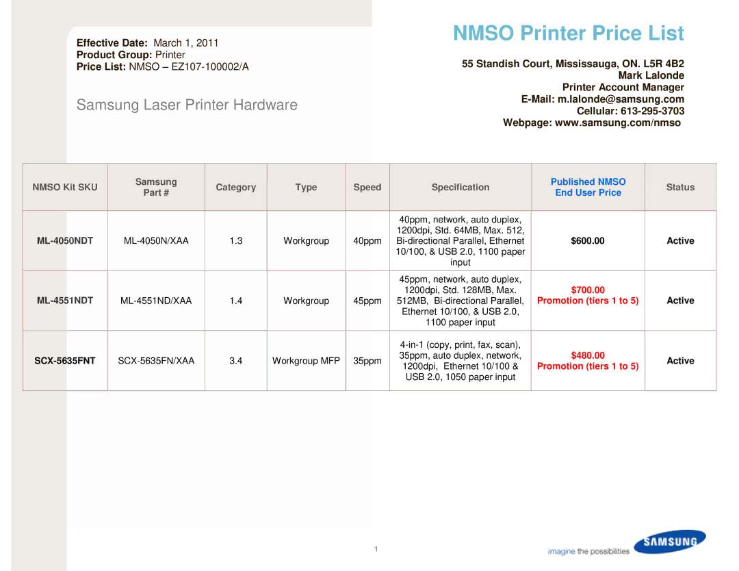 Samsung ML-4050NDT, SCX-5635FNT, ML-4551NDT manual Samsung, Nmso Kit SKU Category Type Speed Specification Status 