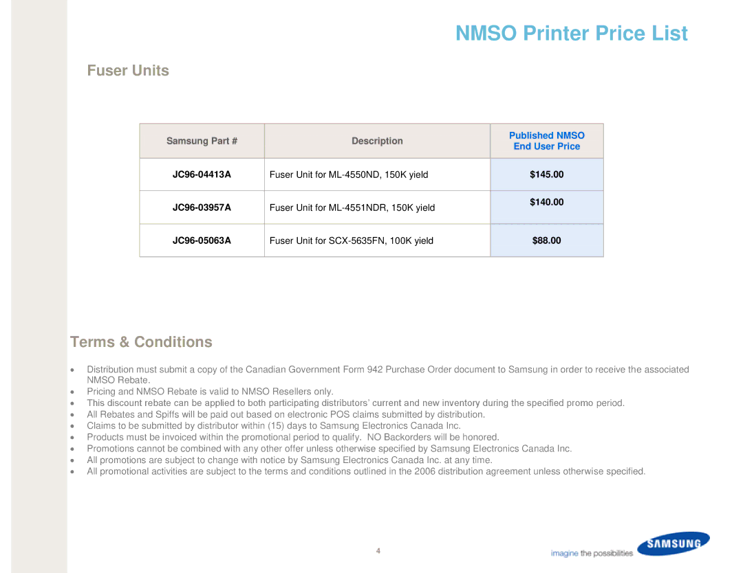 Samsung ML-4050NDT, SCX-5635FNT, ML-4551NDT manual Fuser Units, Terms & Conditions, Samsung Description 