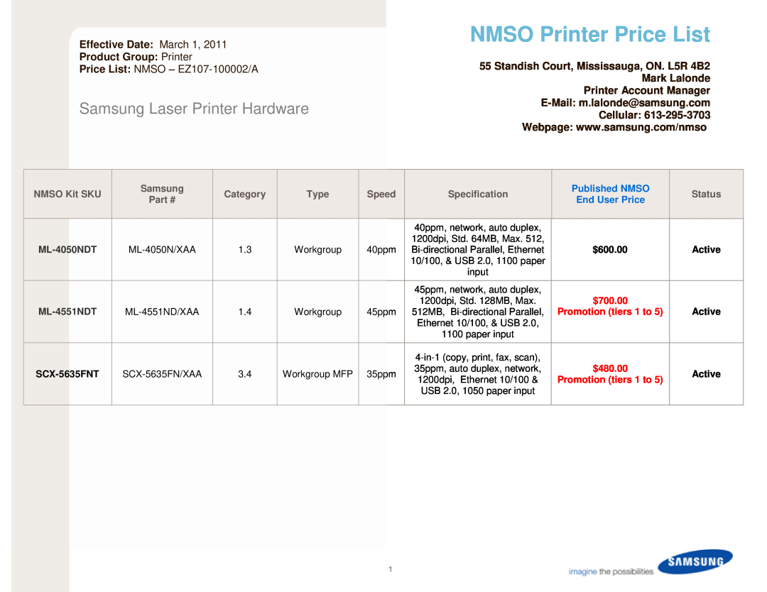 Samsung ML-4050NDT manual NMSO Printer Price List, Effective Date March 1, Product Group Printer, Mark Lalonde, Cellular 