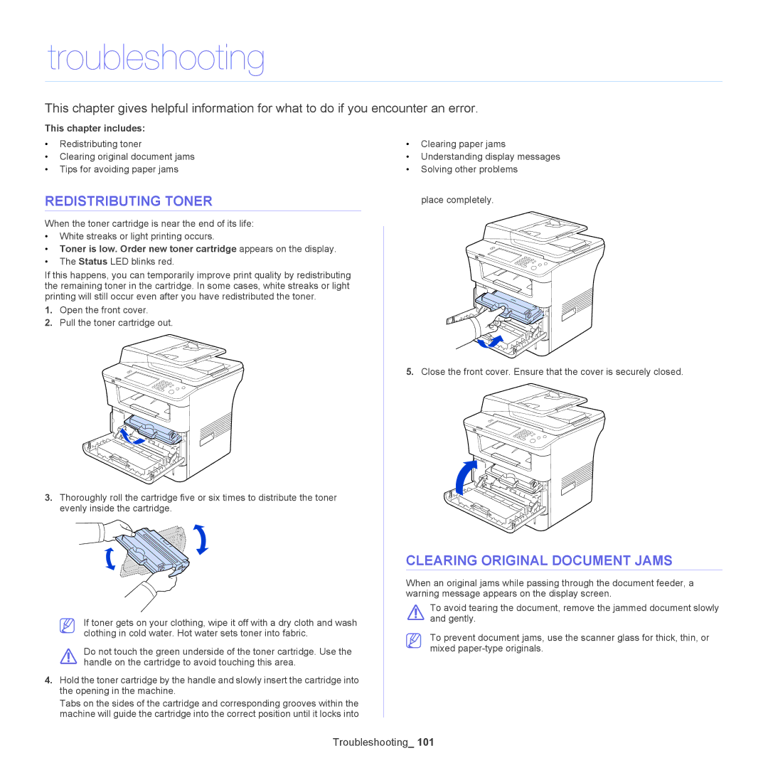 Samsung 5935NX, SCX-5835NX manual Troubleshooting, Redistributing Toner, Clearing Original Document Jams 