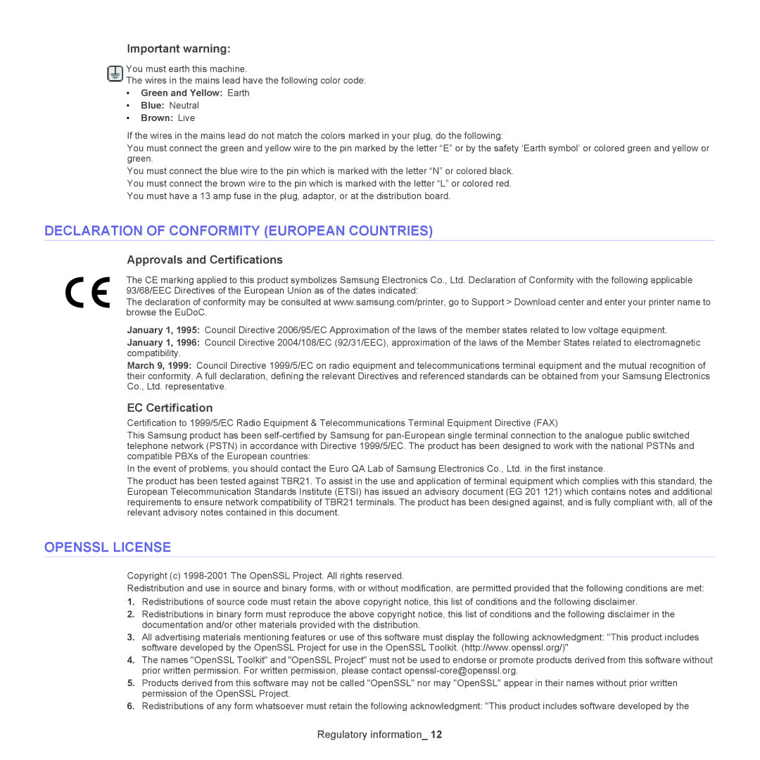 Samsung SCX-5835NX Declaration of Conformity European Countries, Openssl License, Important warning, EC Certification 