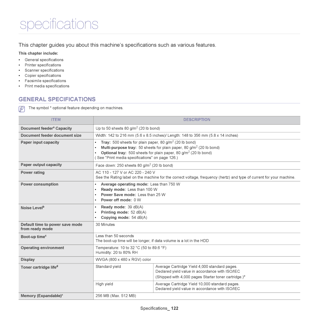 Samsung SCX-5835NX, 5935NX manual General Specifications 