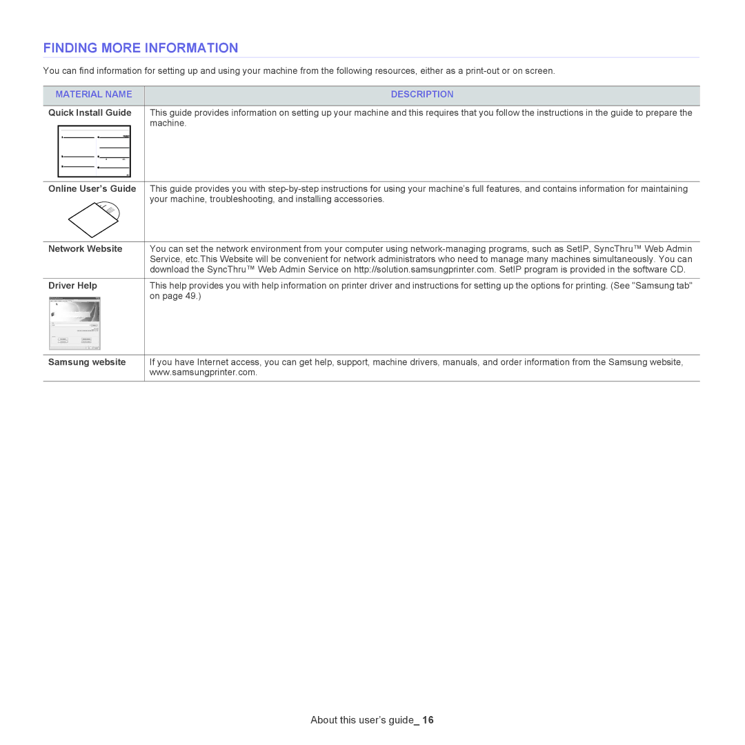 Samsung SCX-5835NX, 5935NX manual Finding More Information, Material Name Description 