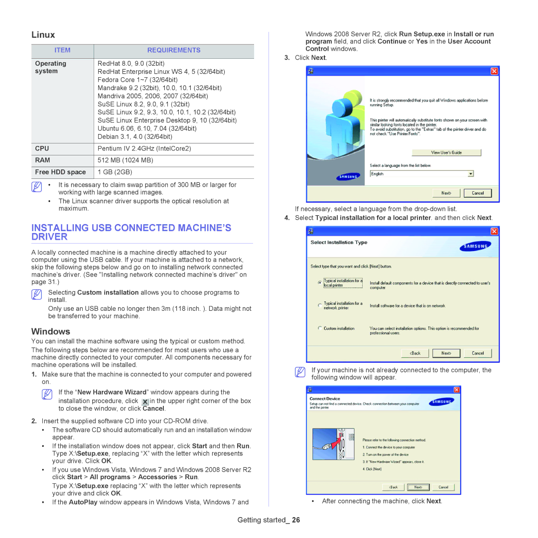 Samsung SCX-5835NX, 5935NX manual Installing USB Connected MACHINE’S Driver, Linux, Requirements 