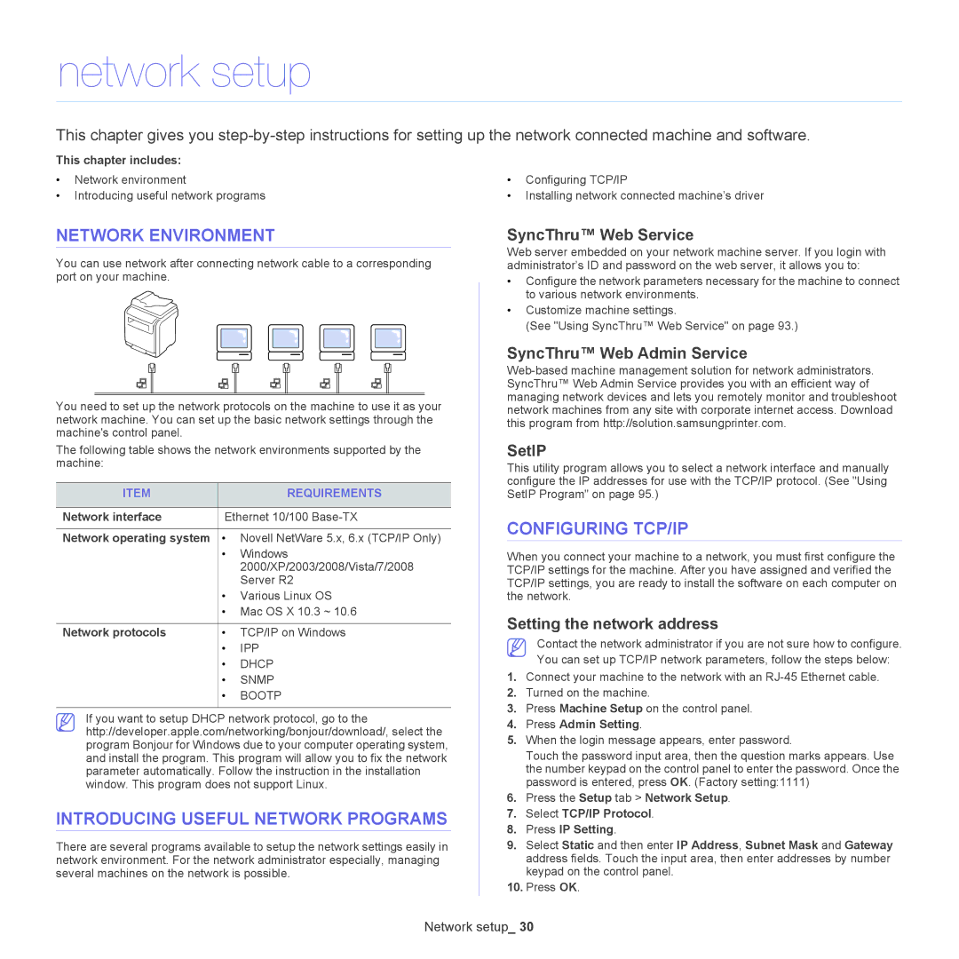 Samsung SCX-5835NX, 5935NX Network setup, Network Environment, Introducing Useful Network Programs, Configuring TCP/IP 