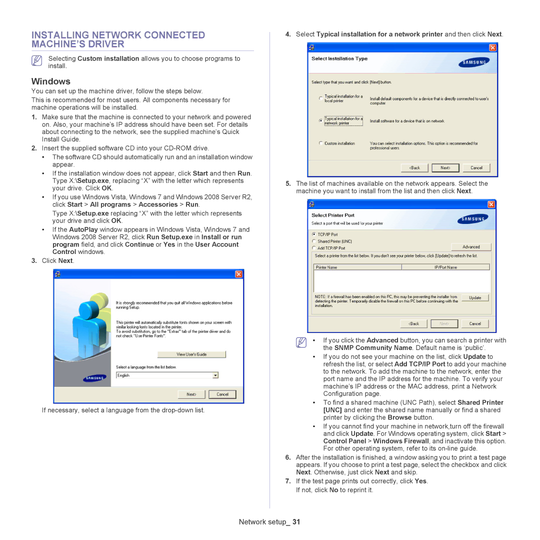 Samsung 5935NX, SCX-5835NX manual Installing Network Connected MACHINE’S Driver, Windows 