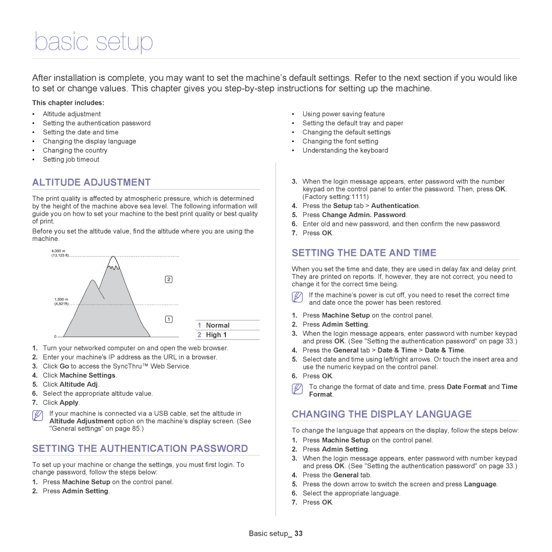 Samsung 5935NX manual Basic setup, Altitude Adjustment, Setting the Authentication Password, Setting the Date and Time 