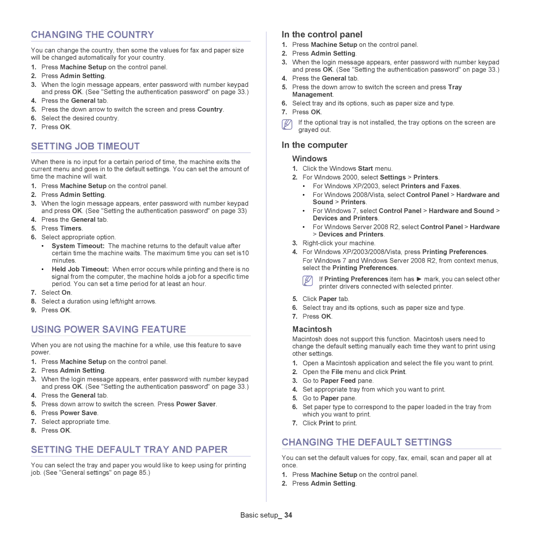 Samsung SCX-5835NX Changing the Country, Setting JOB Timeout, Using Power Saving Feature, Changing the Default Settings 