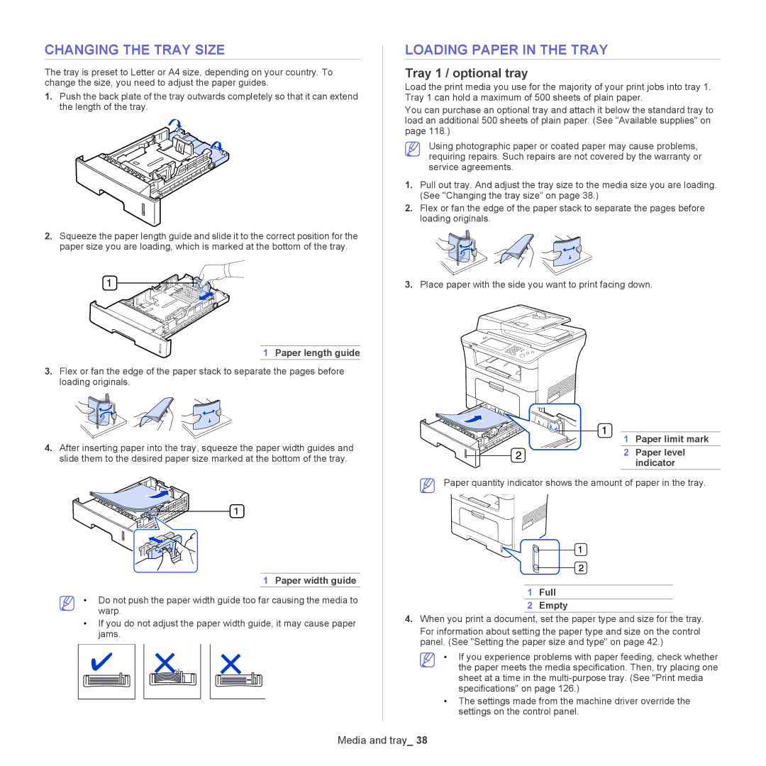 Samsung SCX-5835NX, 5935NX manual Changing the Tray Size, Loading Paper in the Tray, Tray 1 / optional tray 