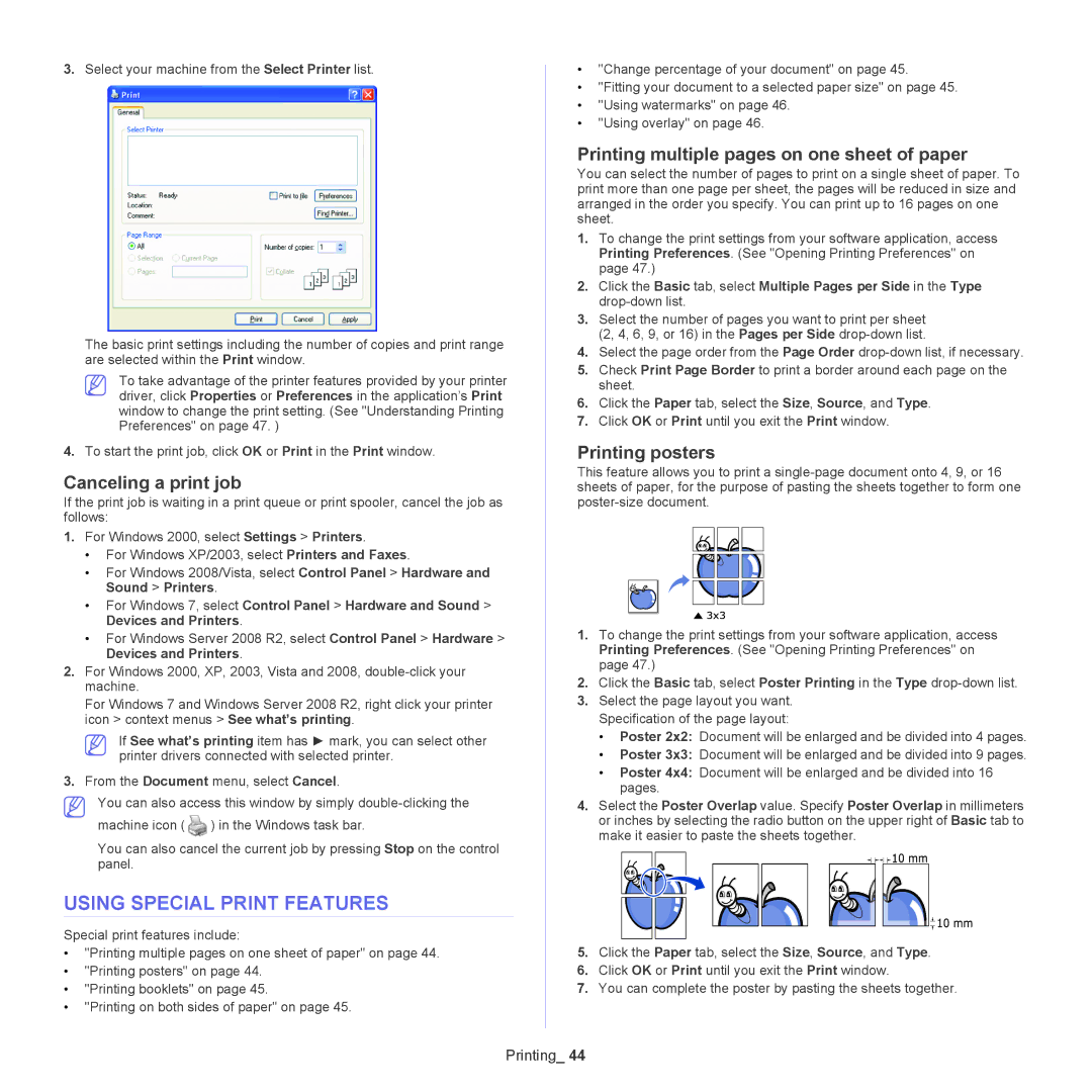 Samsung SCX-5835NX Using Special Print Features, Canceling a print job, Printing multiple pages on one sheet of paper 