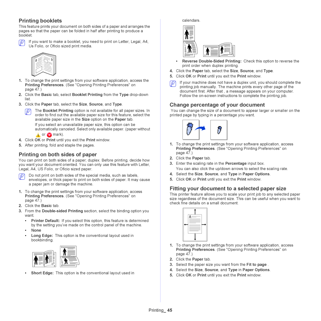 Samsung 5935NX, SCX-5835NX manual Printing booklets, Printing on both sides of paper, Change percentage of your document 