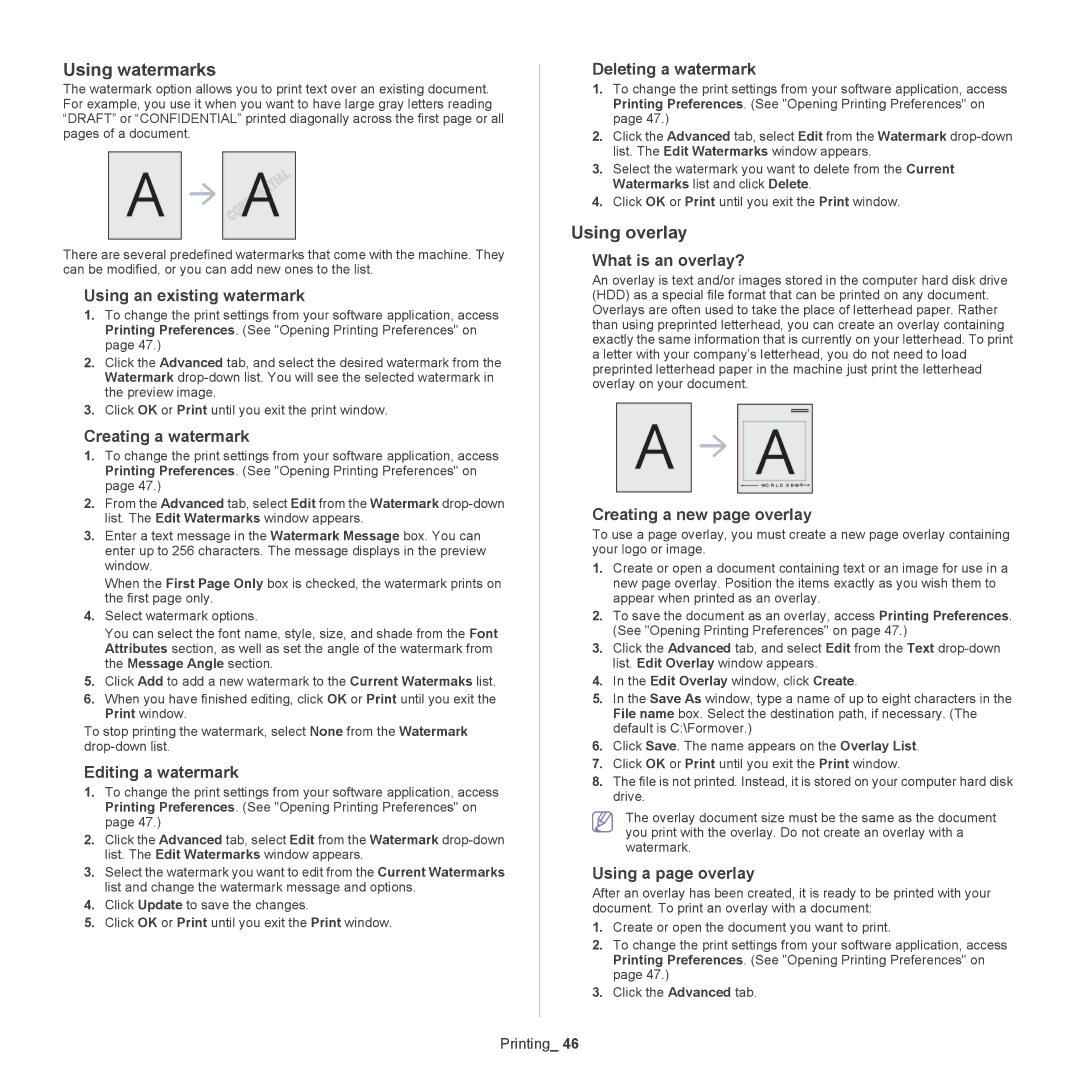 Samsung SCX-5835NX, 5935NX manual Using watermarks, Using overlay 