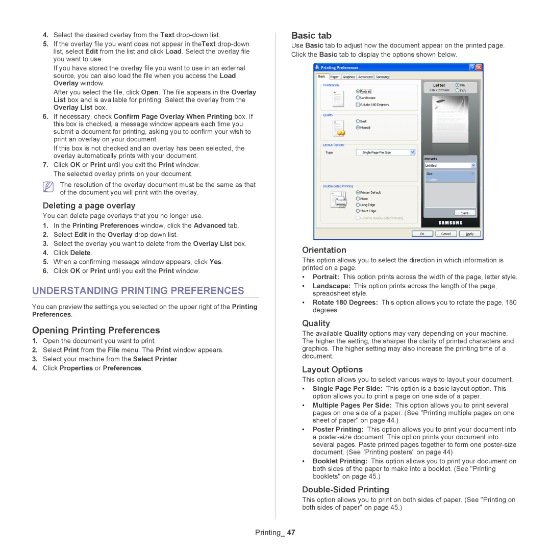 Samsung 5935NX, SCX-5835NX manual Understanding Printing Preferences, Opening Printing Preferences, Basic tab 