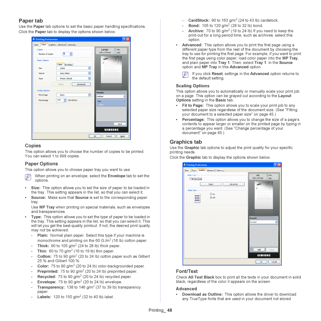 Samsung SCX-5835NX, 5935NX manual Paper tab, Graphics tab, Copies, Paper Options, Font/Text 