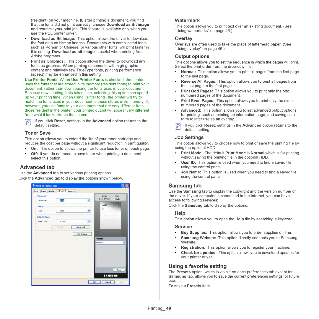 Samsung 5935NX, SCX-5835NX manual Advanced tab, Samsung tab, Using a favorite setting 