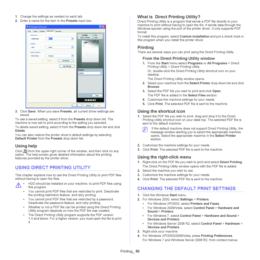 Samsung SCX-5835NX, 5935NX manual Using Direct Printing Utility, Changing the Default Print Settings 