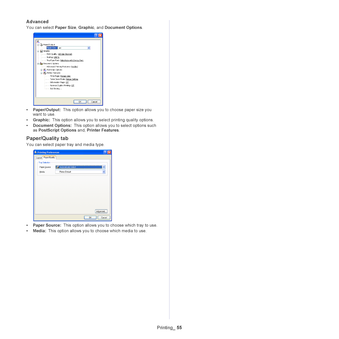 Samsung 5935NX, SCX-5835NX manual Paper/Quality tab, You can select Paper Size, Graphic, and Document Options 