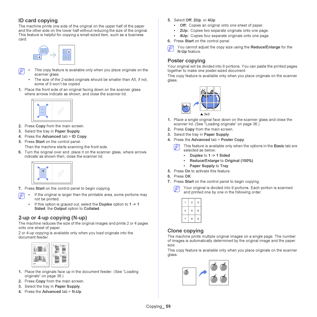 Samsung 5935NX ID card copying, Up or 4-up copying N-up, Poster copying, Clone copying, Press the Advanced tab Poster Copy 