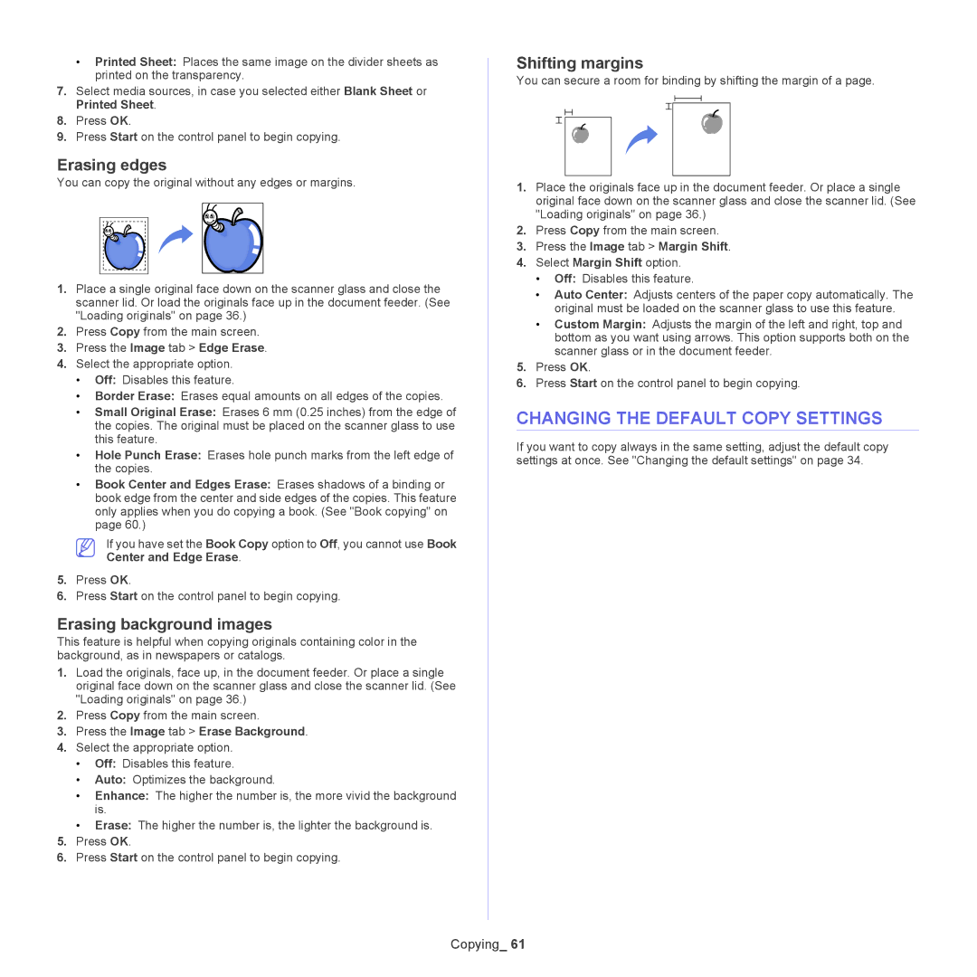 Samsung 5935NX, SCX-5835NX Changing the Default Copy Settings, Erasing edges, Erasing background images, Shifting margins 