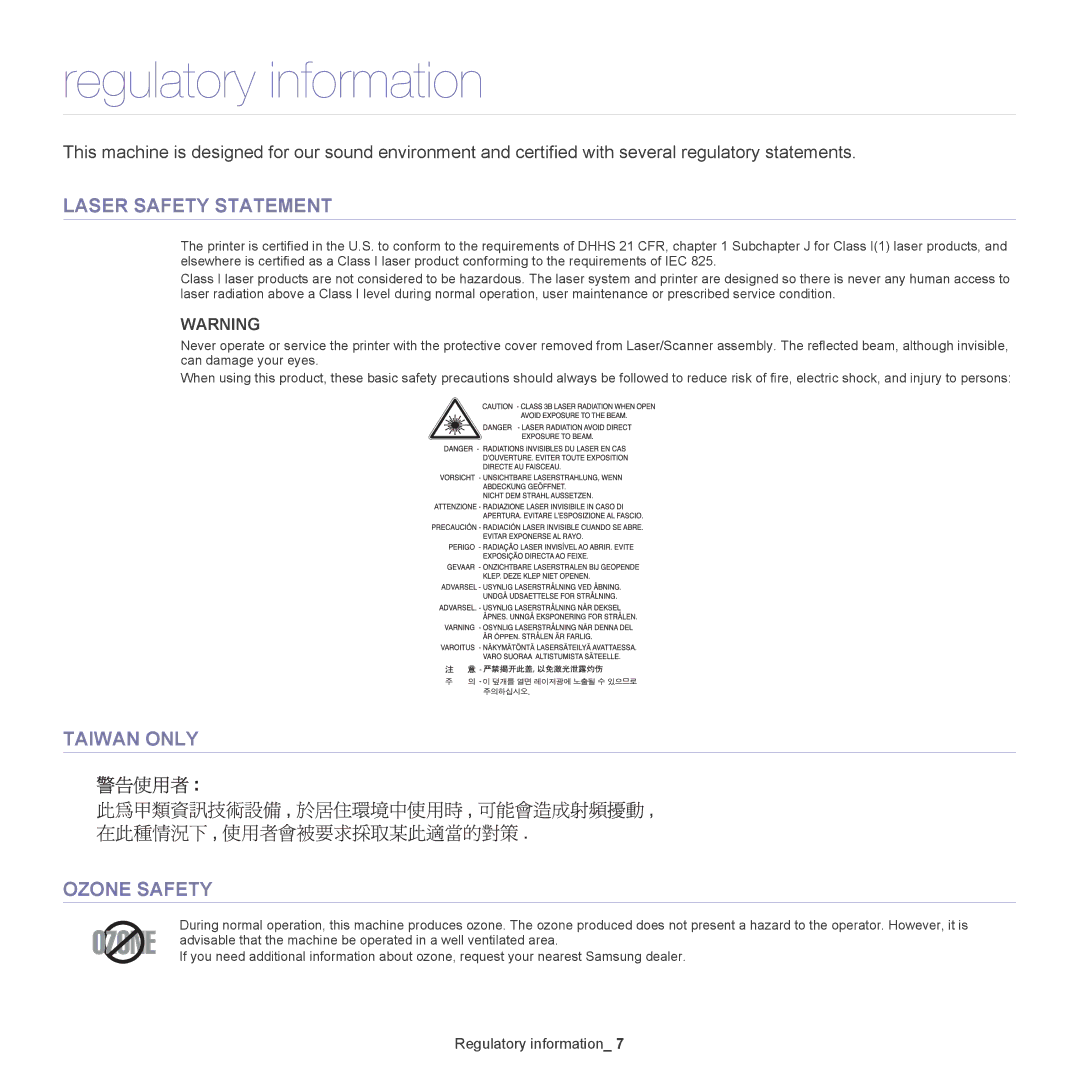 Samsung 5935NX, SCX-5835NX manual Regulatory information, Laser Safety Statement, Taiwan only Ozone Safety 