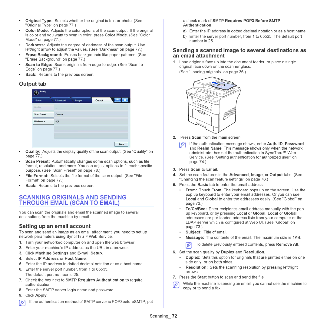 Samsung SCX-5835NX Scanning Originals and Sending Through Email Scan to Email, Output tab, Setting up an email account 