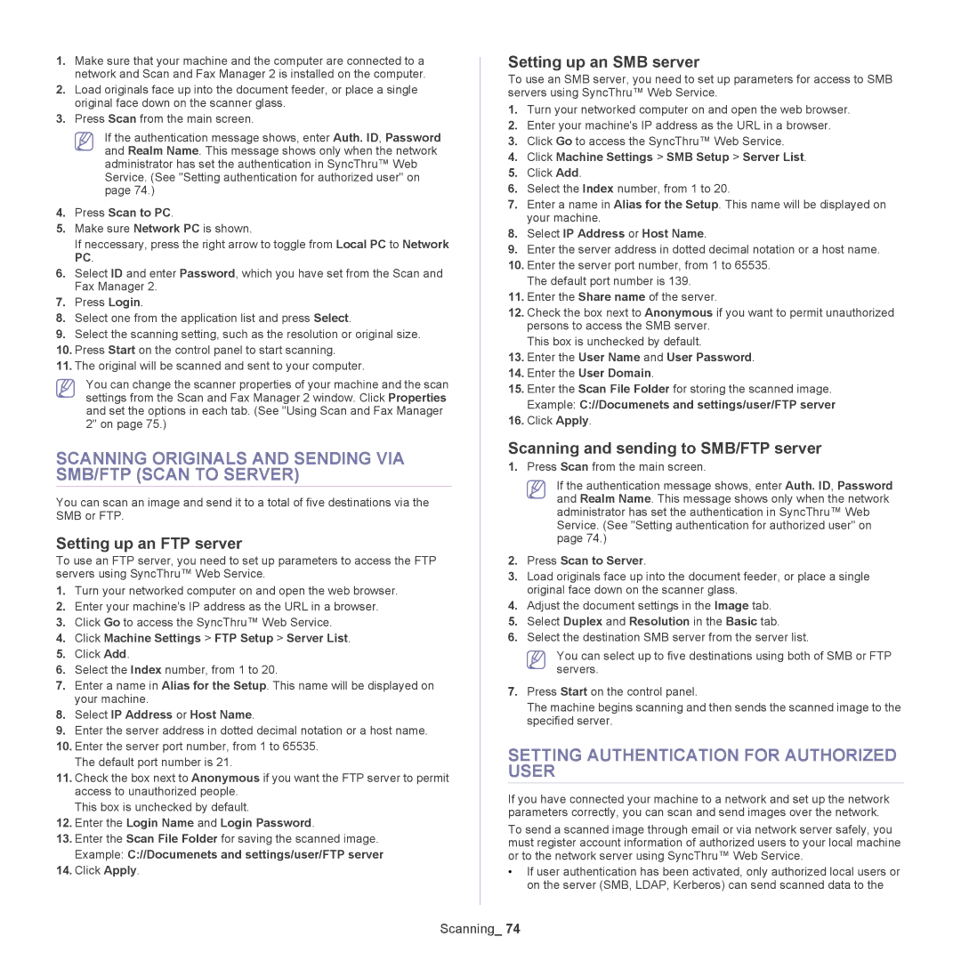 Samsung SCX-5835NX Scanning Originals and Sending VIA SMB/FTP Scan to Server, Setting Authentication for Authorized User 