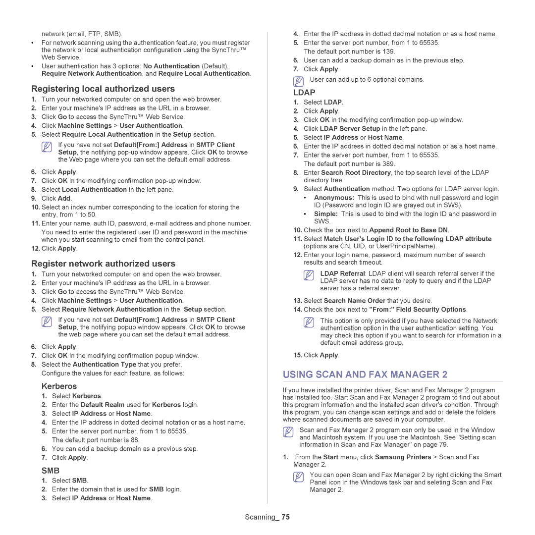 Samsung 5935NX Using Scan and FAX Manager, Registering local authorized users, Register network authorized users, Kerberos 