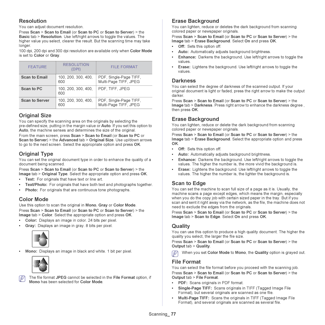 Samsung 5935NX, SCX-5835NX manual Original Size, Scan to Edge, Quality, Feature Resolution File Format DPI 