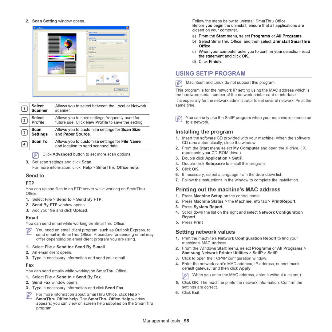 Samsung 5935NX Using Setip Program, Installing the program, Printing out the machine’s MAC address, Setting network values 