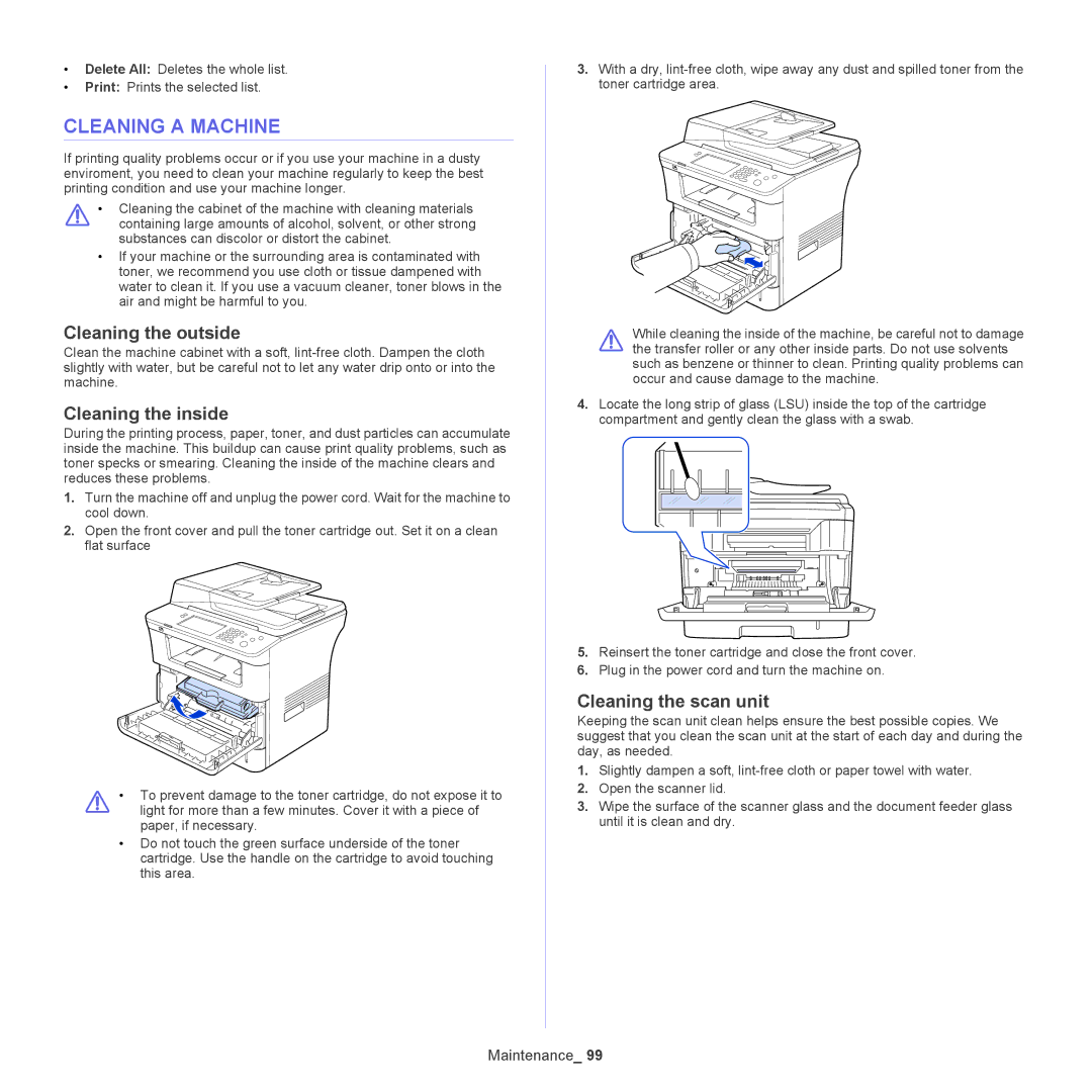 Samsung 5935NX, SCX-5835NX manual Cleaning a Machine, Cleaning the outside, Cleaning the inside, Cleaning the scan unit 