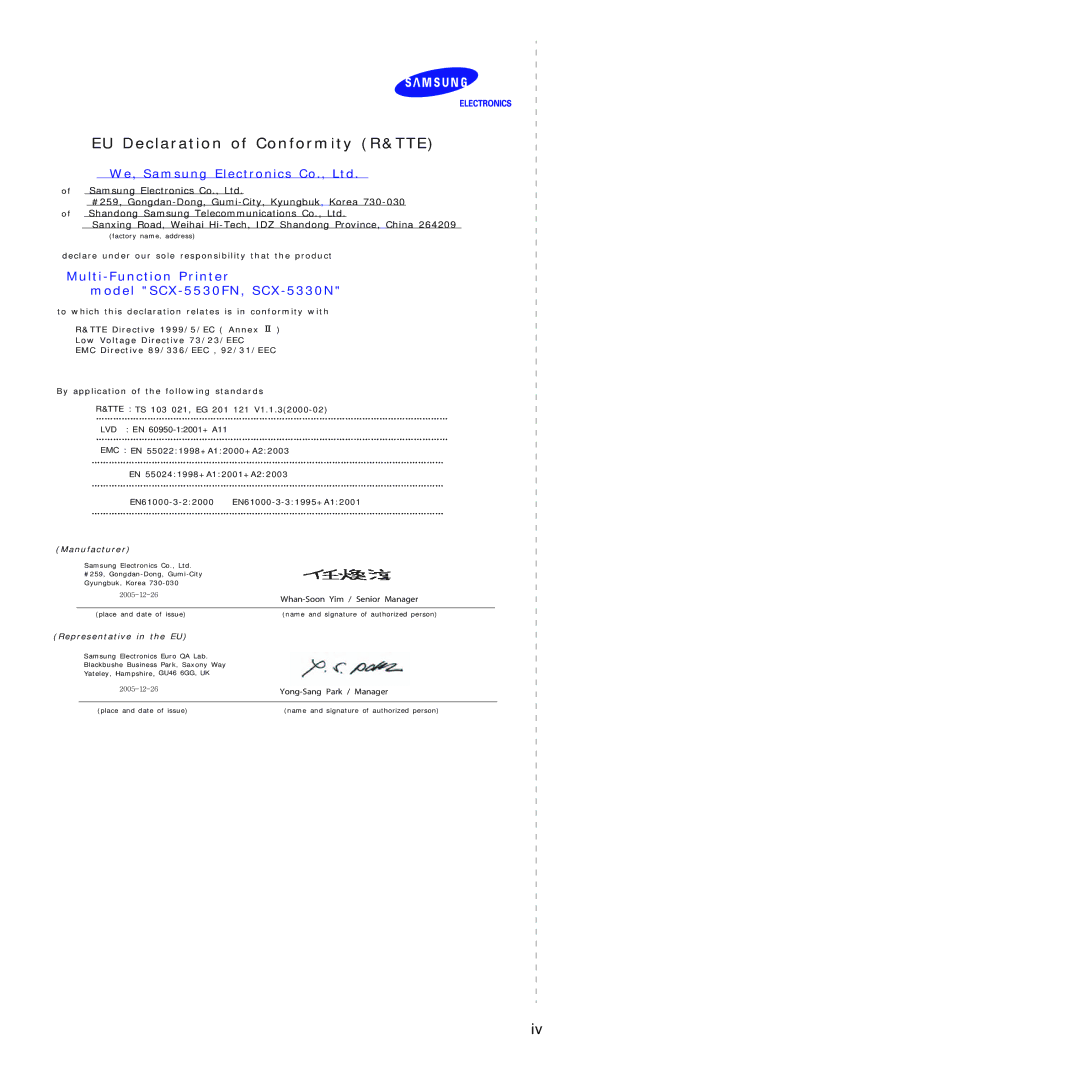 Samsung SCX-5x30 manual EU Declaration of Conformity R&TTE, Multi-Function Printer Model SCX-5530FN, SCX-5330N 