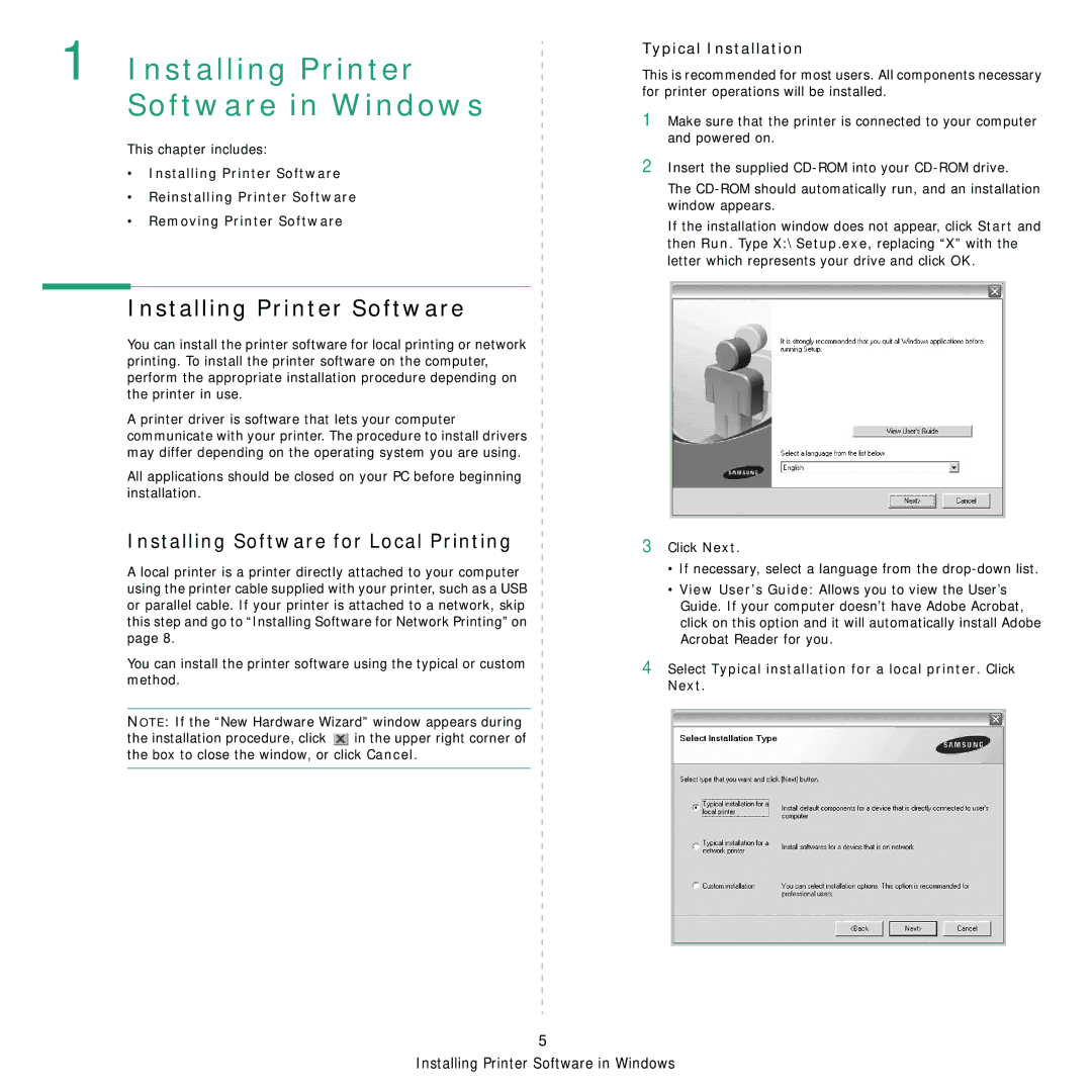 Samsung SCX-5x30 manual Installing Printer Software, Installing Software for Local Printing, Typical Installation 