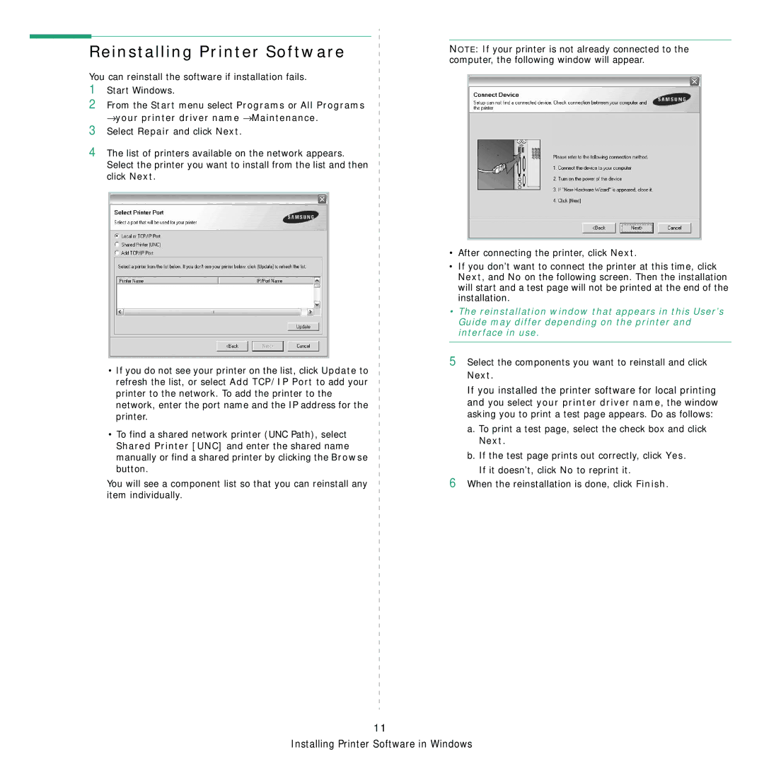 Samsung SCX-5x30 manual Reinstalling Printer Software, Select the components you want to reinstall and click Next 