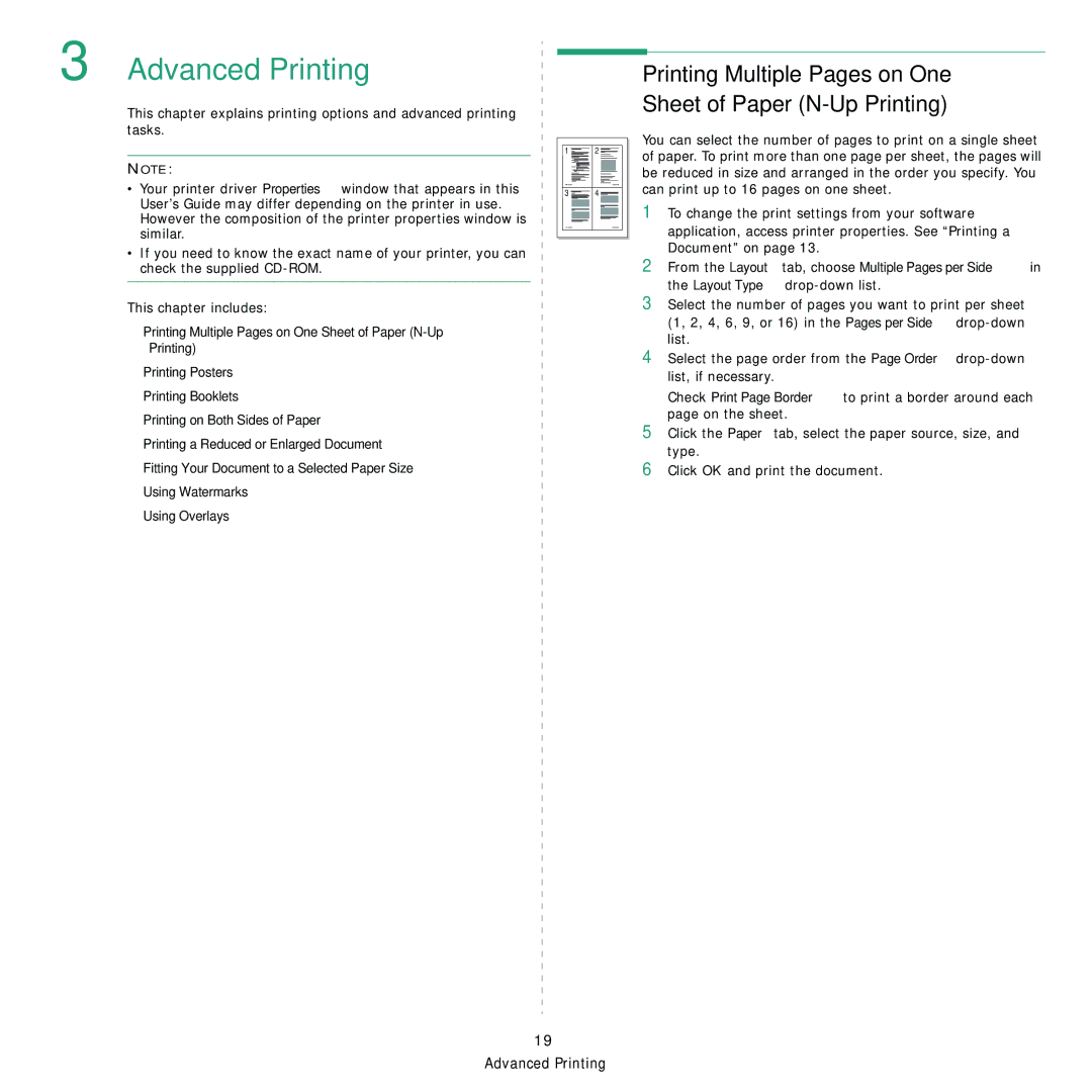 Samsung SCX-5x30 manual Advanced Printing, Printing Multiple Pages on One Sheet of Paper N-Up Printing 