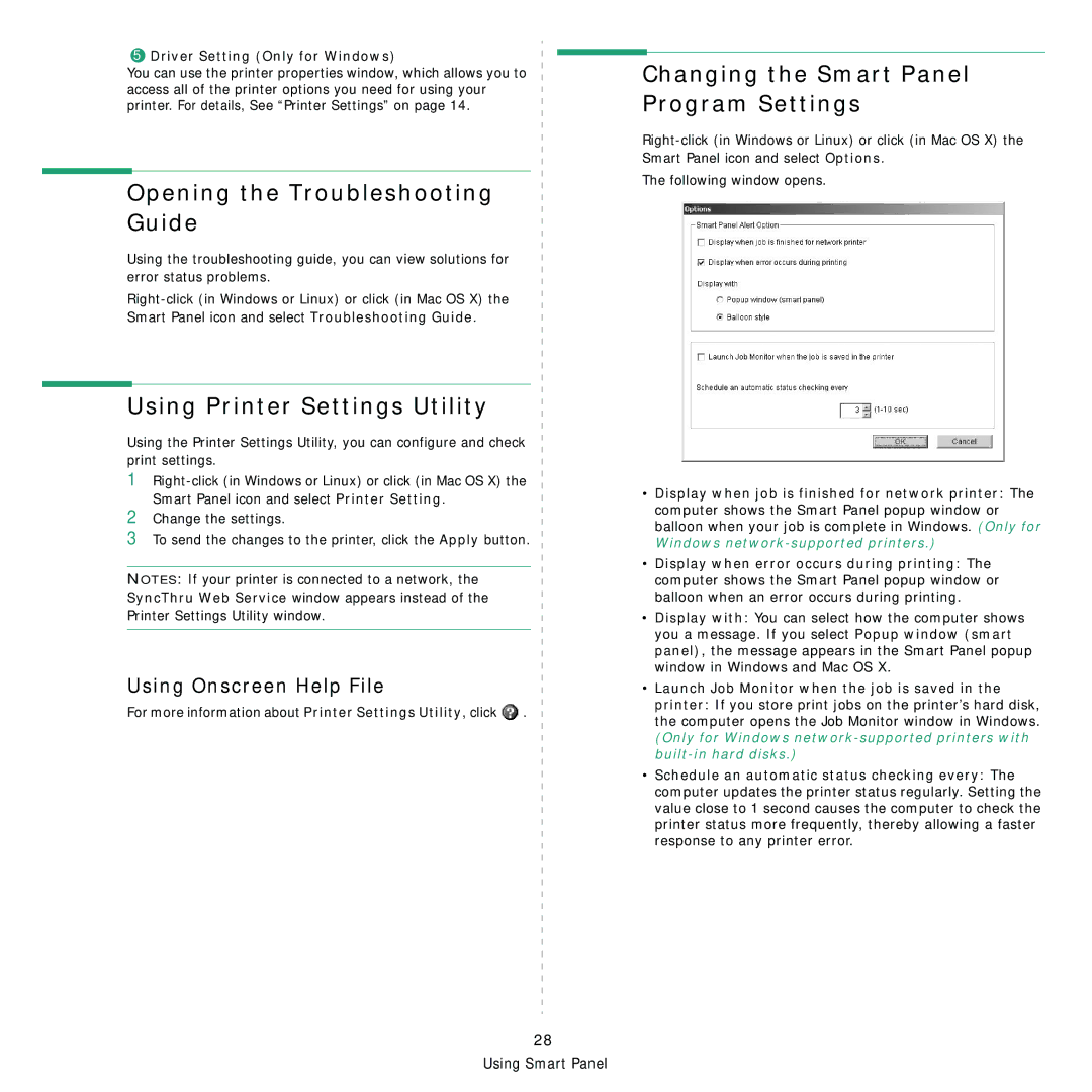 Samsung SCX-5x30 Opening the Troubleshooting Guide, Changing the Smart Panel Program Settings, Using Onscreen Help File 