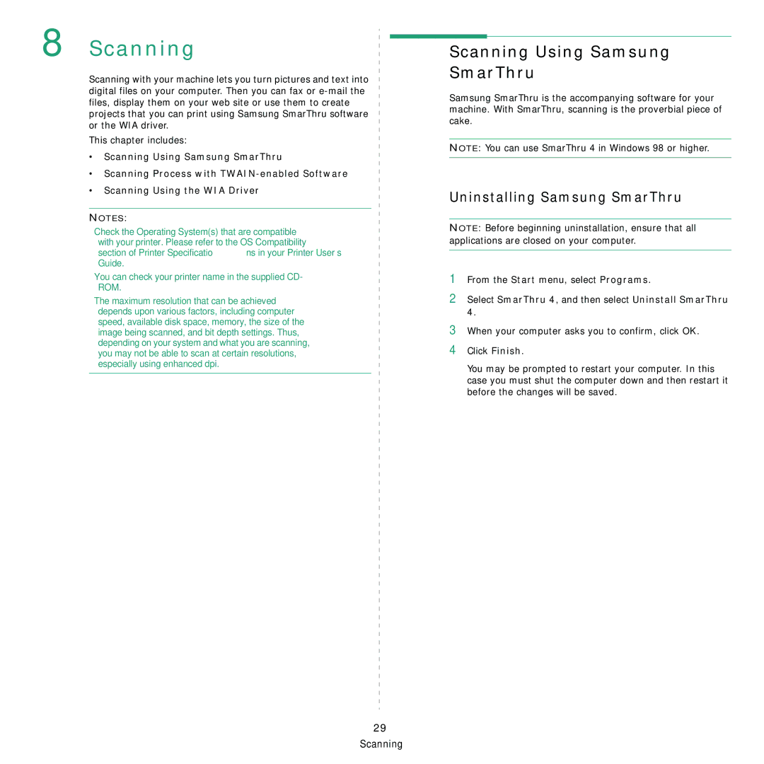 Samsung SCX-5x30 manual Scanning Using Samsung SmarThru, Uninstalling Samsung SmarThru 