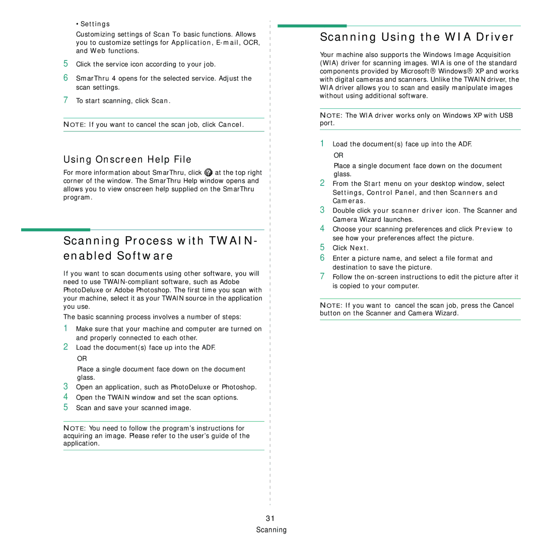 Samsung SCX-5x30 manual Scanning Process with TWAIN- enabled Software, Scanning Using the WIA Driver, Settings 