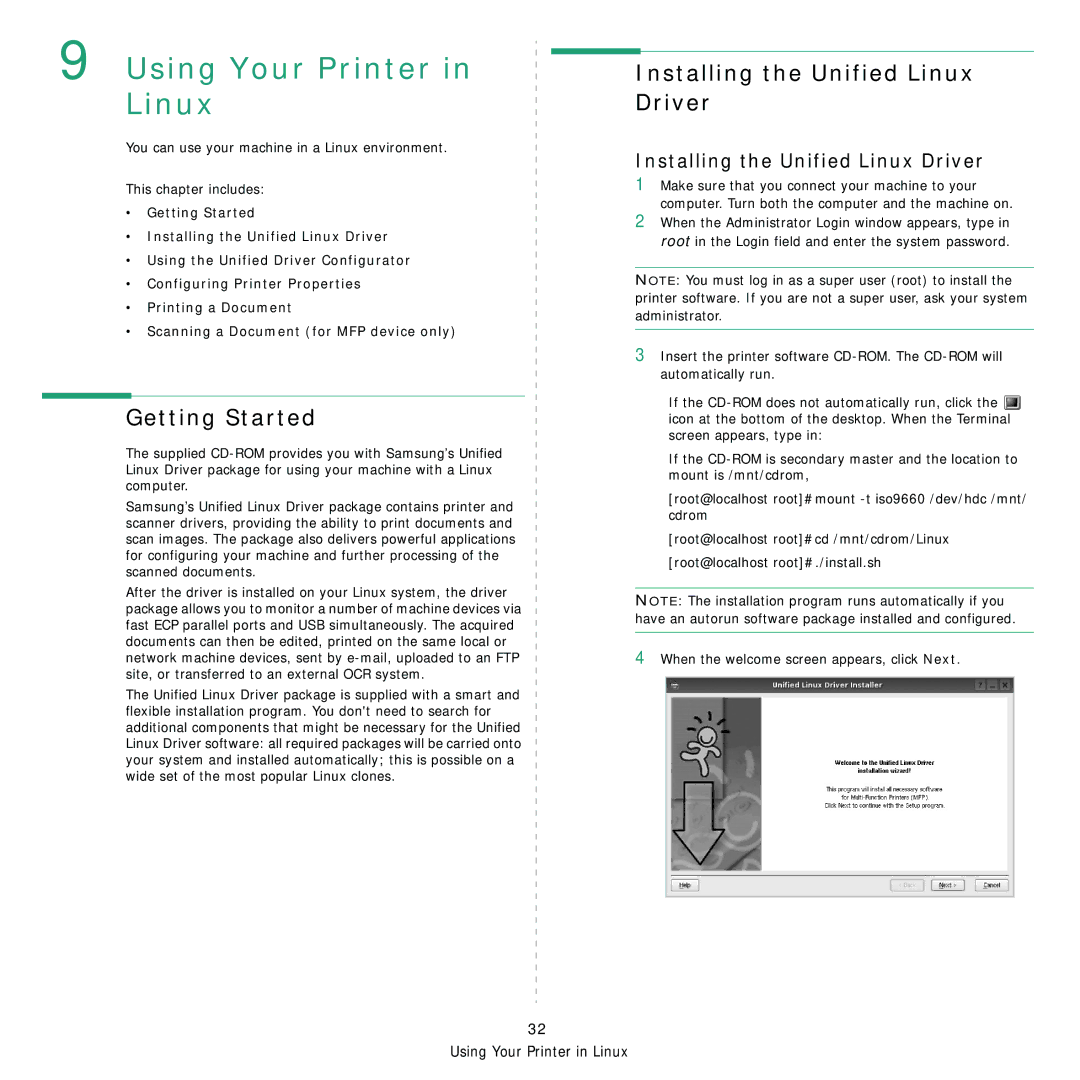Samsung SCX-5x30 manual Installing the Unified Linux Driver, Getting Started 