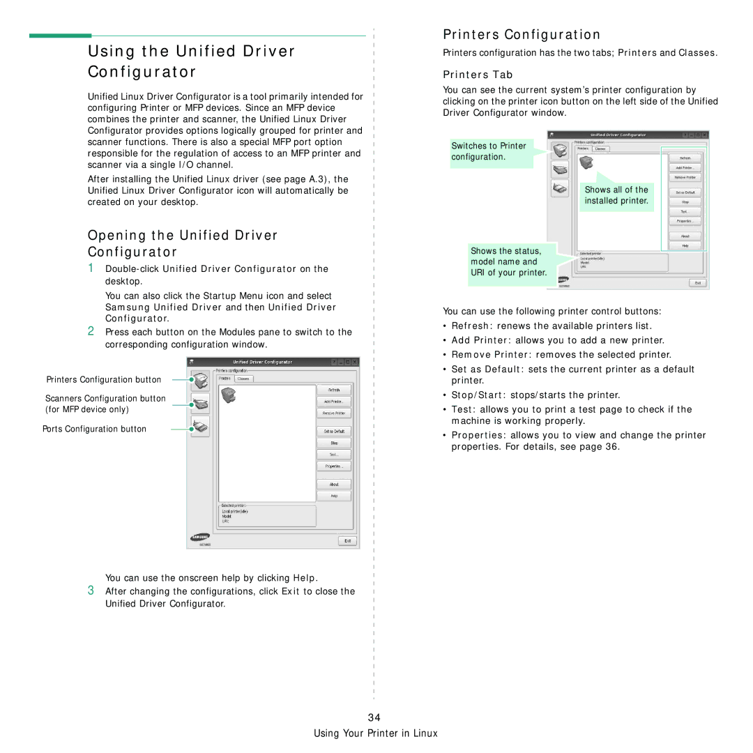 Samsung SCX-5x30 Using the Unified Driver Configurator, Printers Configuration, Opening the Unified Driver Configurator 