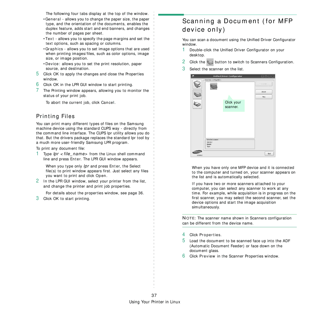 Samsung SCX-5x30 manual Scanning a Document for MFP device only, Printing Files, Click Properties 