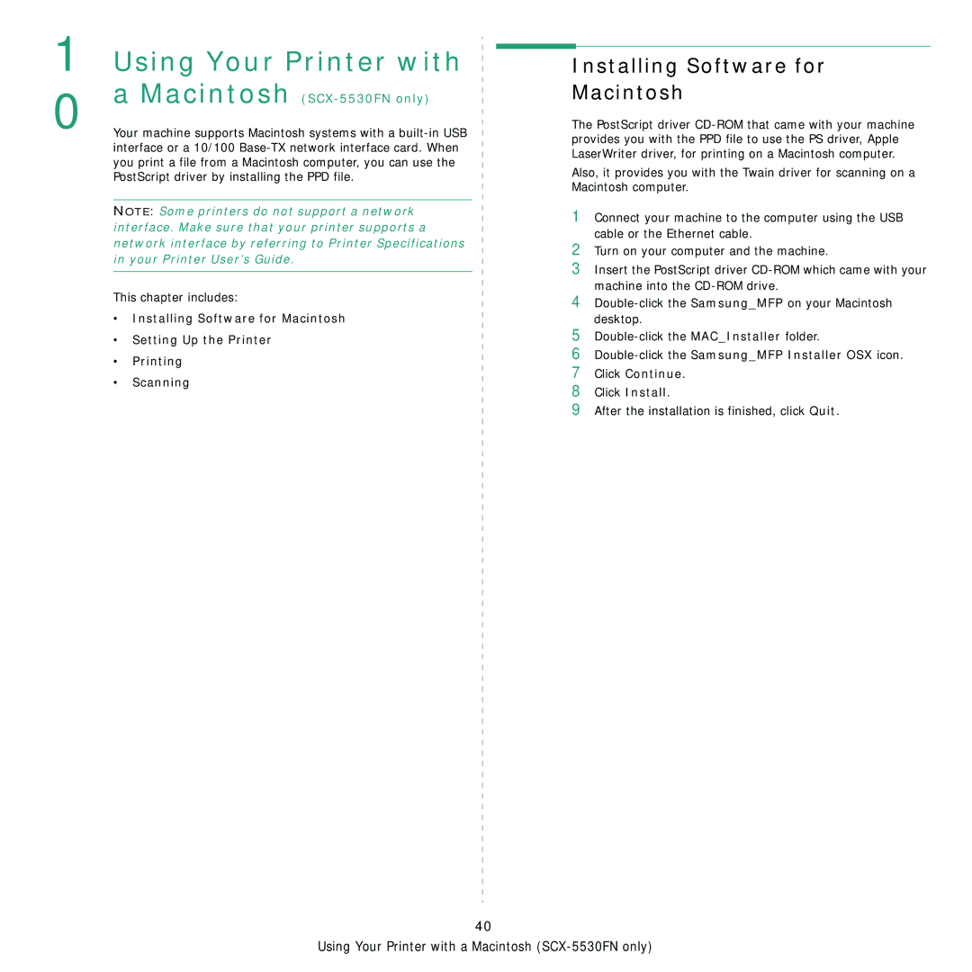 Samsung SCX-5x30 manual Using Your Printer with Macintosh, Installing Software for Macintosh 