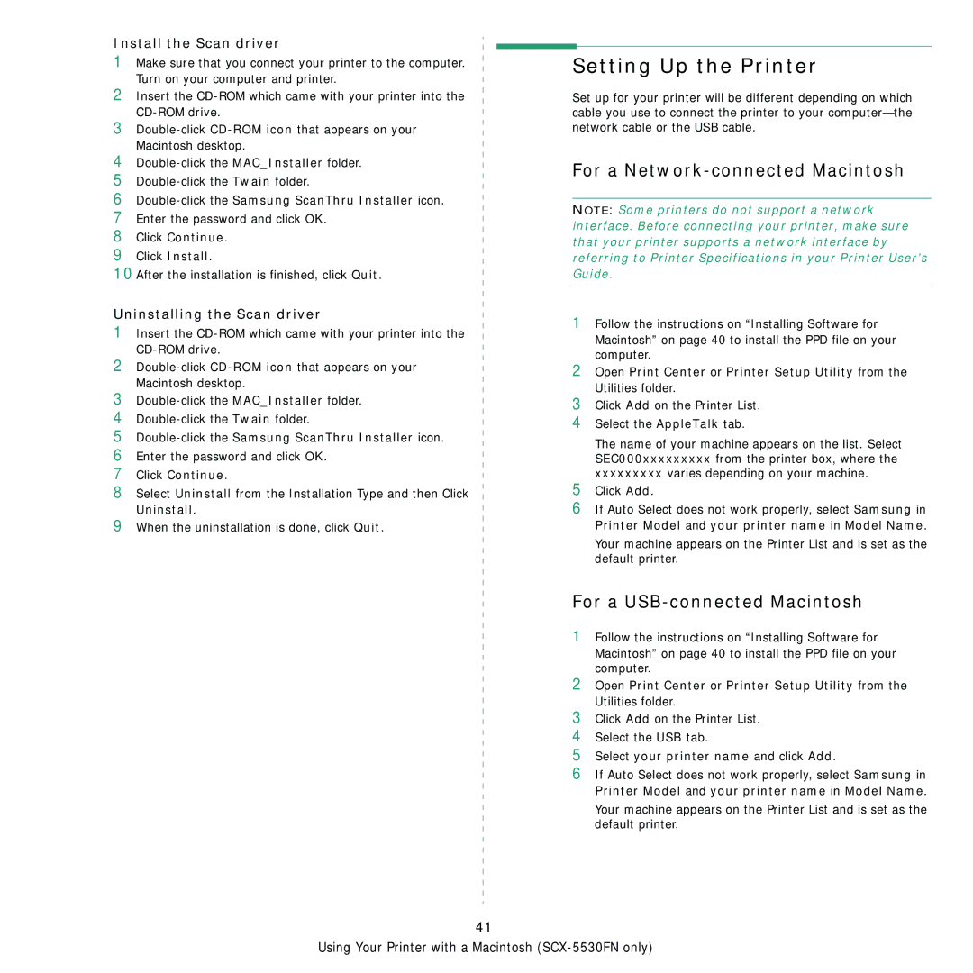 Samsung SCX-5x30 manual Setting Up the Printer, For a Network-connected Macintosh, For a USB-connected Macintosh 