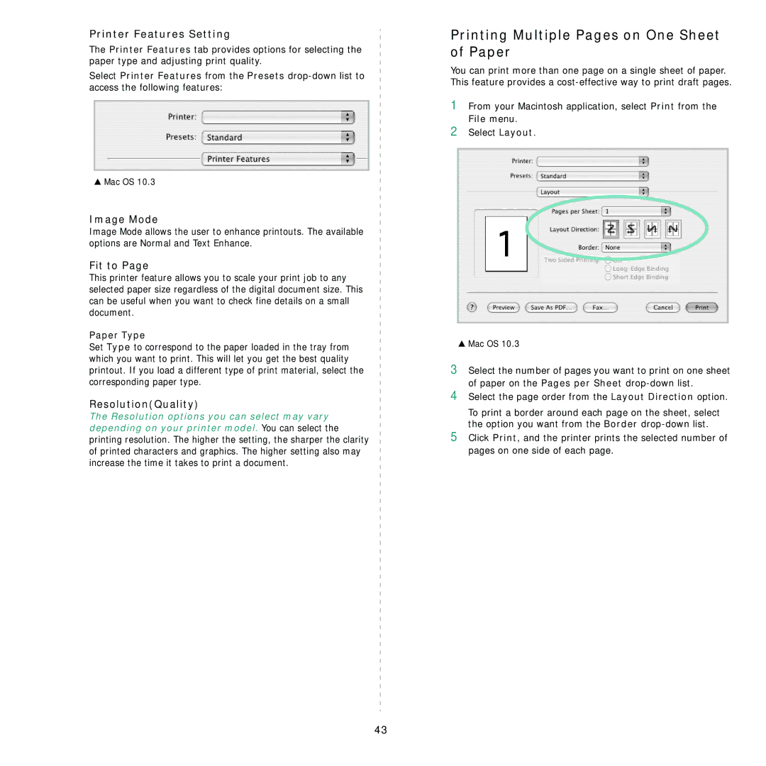 Samsung SCX-5x30 manual Printing Multiple Pages on One Sheet of Paper, Printer Features Setting, Fit to, ResolutionQuality 